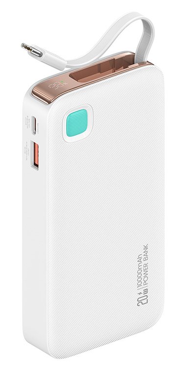 USAMS power bank CD224 με καλώδιο USB-C, 2x θύρες εξόδου, 10000mAh, 20W, λευκό
