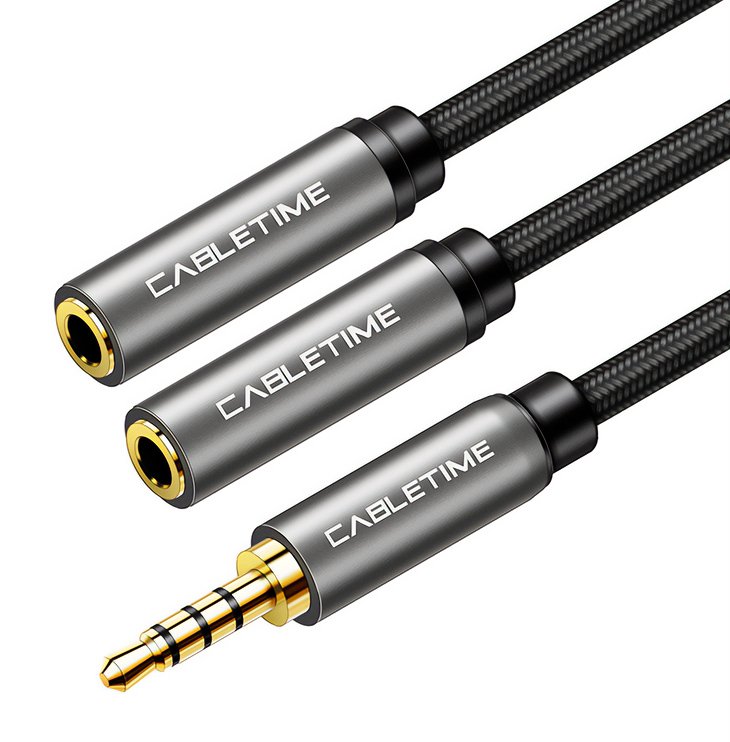 CABLETIME καλώδιο ήχου 3.5mm σε 2x 3.5mm CT-P12G4P, 4-pole, 20cm, μαύρο