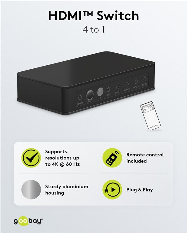 GOOBAY HDMI switch 58489 με τηλεχειριστήριο, 4 σε 1, 4K/60Hz, μαύρο - Image 3