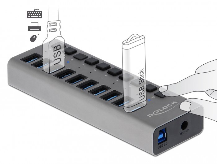 DELOCK USB hub 63670 με διακόπτες, 10x θυρών, 5Gbps, γκρι - Image 2
