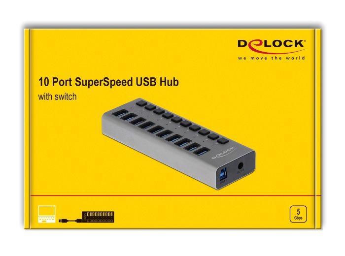 DELOCK USB hub 63670 με διακόπτες, 10x θυρών, 5Gbps, γκρι - Image 4