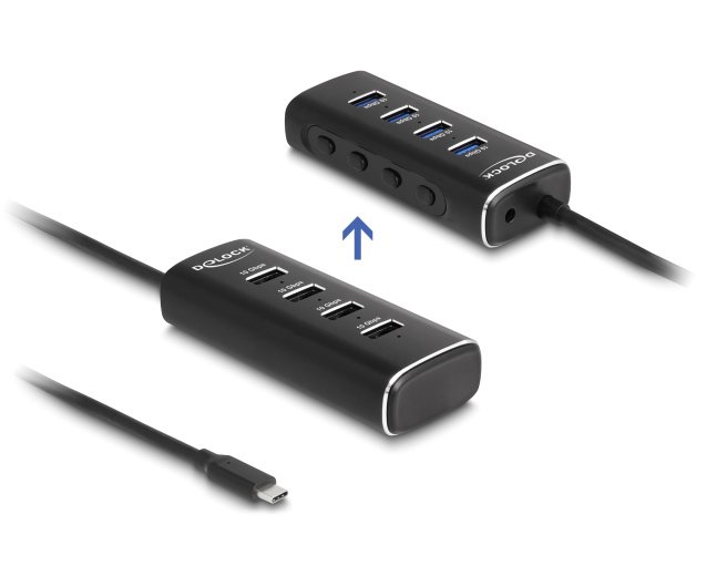 DELOCK USB hub 64233 με διακόπτες, 4 θυρών, 10Gbps, USB-C σύνδεση, μαύρο