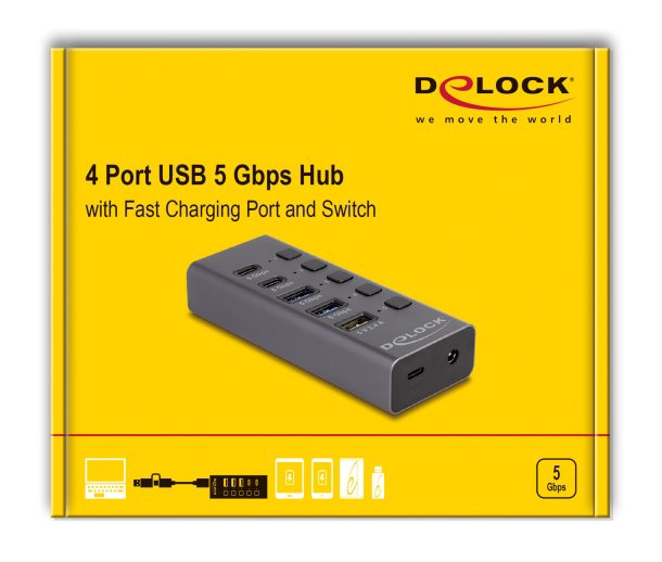 DELOCK USB hub 64248 με διακόπτες, 5x θυρών, 5Gbps, USB/USB-C σύνδεση, γκρι - Image 4