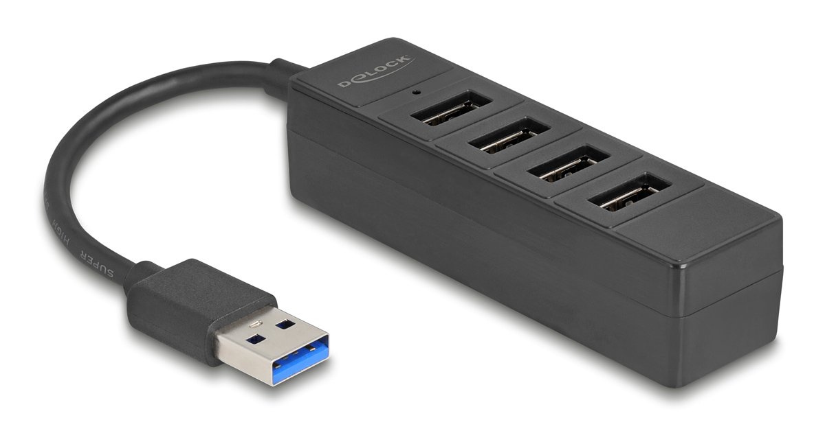 DELOCK USB hub 64350, 4x θυρών, USB 3.0, 5Gbps, USB σύνδεση, μαύρος