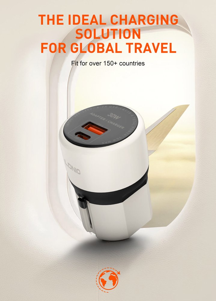 LDNIO φορτιστής τοίχου Q2319 με καλώδιο USB-C, EU/UK/US/AU βύσμα, USB/USB-C, 30W, γκρι - Image 4