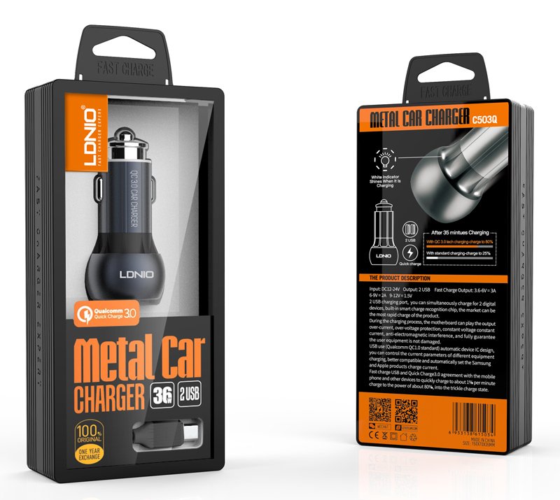 LDNIO φορτιστής αυτοκινήτου C503Q με καλώδιο, 2x USB, 36W, QC, γκρι - Image 5