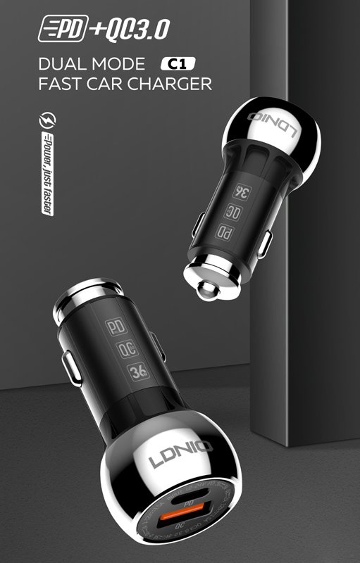 LDNIO φορτιστής αυτοκινήτου C1 με καλώδιο, USB & USB-C, 38W PD, μαύρος - Image 2