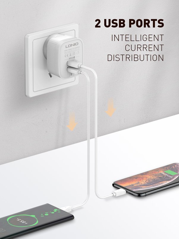 LDNIO φορτιστής τοίχου A201 με καλώδιο USB-C, 2x USB, 12W, λευκός - Image 2
