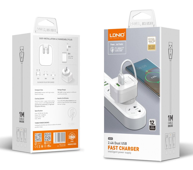 LDNIO φορτιστής τοίχου A201 με καλώδιο USB-C, 2x USB, 12W, λευκός - Image 6