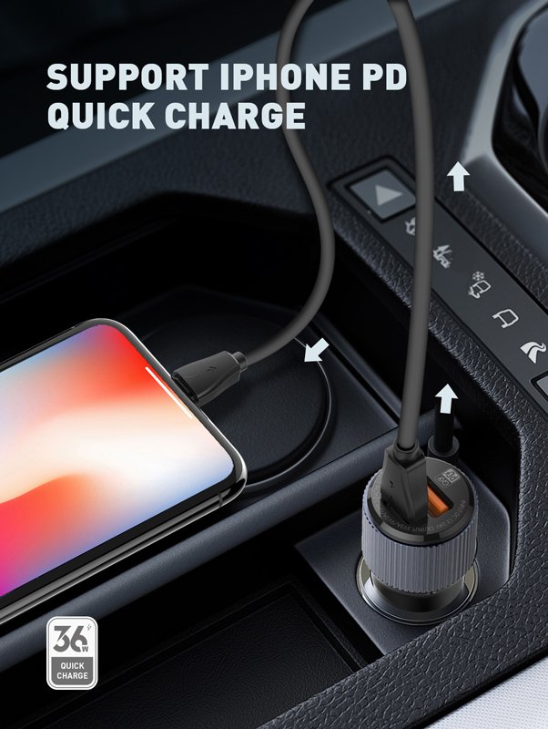 LDNIO φορτιστής αυτοκινήτου C510Q με καλώδιο, USB & USB-C, 38W, μαύρος - Image 2