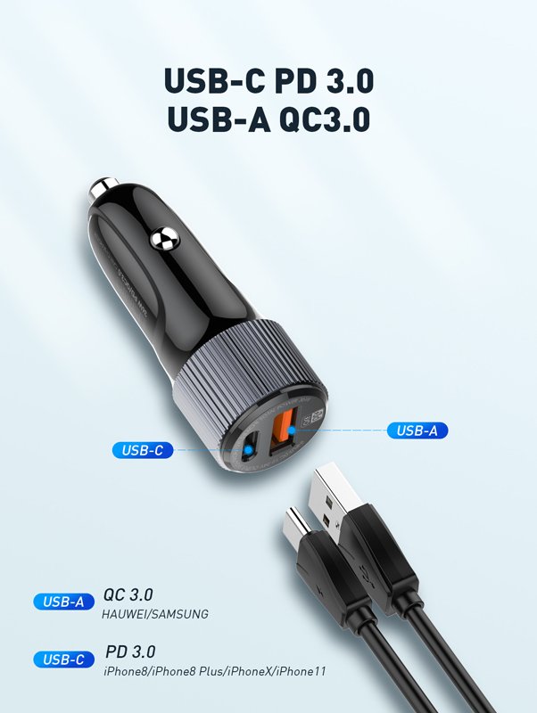 LDNIO φορτιστής αυτοκινήτου C510Q με καλώδιο, USB & USB-C, 38W, μαύρος - Image 3
