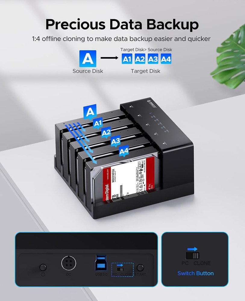 ORICO docking station για 2.5" ή 3.5" SATA HDD/SSD 6558US3-C, 5 θέσεων, 5Gbps, clone function, μαύρο - Image 3
