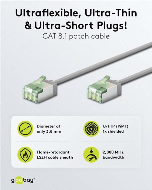 GOOBAY καλώδιο δικτύου 74345, CAT 8.1 U/FTP, ultra slim, copper, 40Gbps, 0.50m, γκρι - Image 2