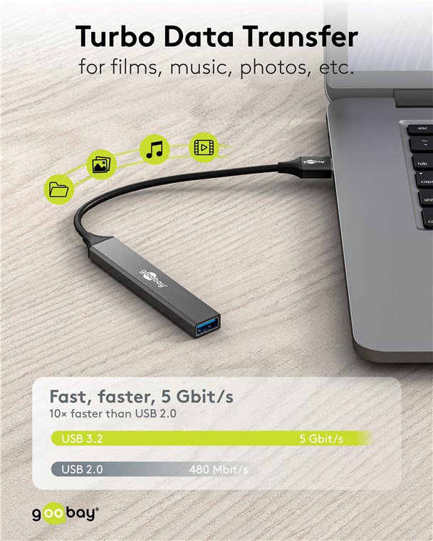 GOOBAY USB hub 74456, 4x θυρών, USB 3.2, 5Gbps, USB σύνδεση, γκρι - Image 2