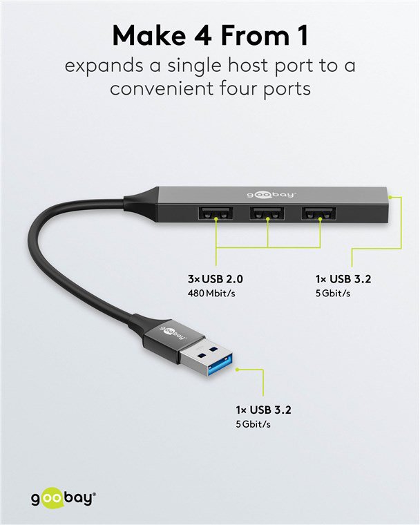 GOOBAY USB hub 74456, 4x θυρών, USB 3.2, 5Gbps, USB σύνδεση, γκρι - Image 3