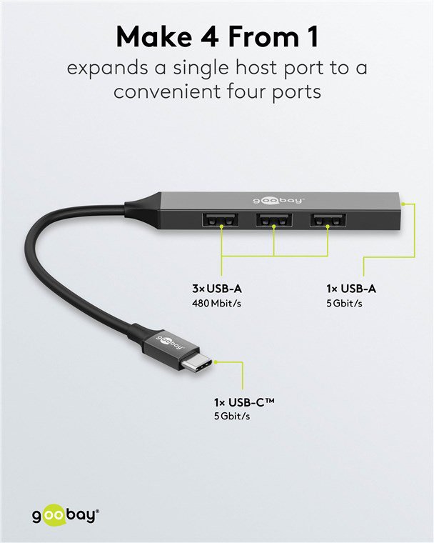 GOOBAY USB hub 74457, 4x θυρών, USB 3.2, 5Gbps, USB-C σύνδεση, γκρι - Image 3