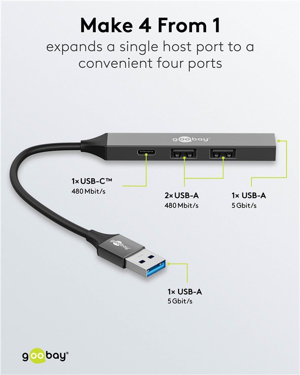 GOOBAY USB hub 74458, 4x θυρών, USB 3.2, 5Gbps, USB σύνδεση, γκρι - Image 3