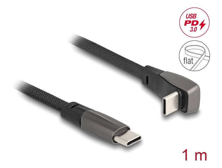 DELOCK καλώδιο USB-C 80751, 60W, flat, γωνιακό, 480 Mbps, 1m, μαύρο - Image 3