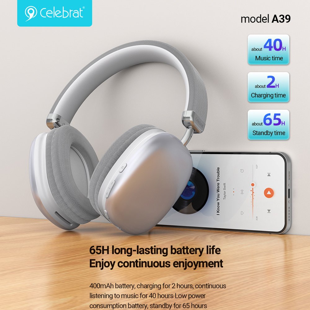 CELEBRAT headphones A39, ασύρματα & ενσύρματα, micro SD, 40mm, 400mAh, ασημί - Image 4