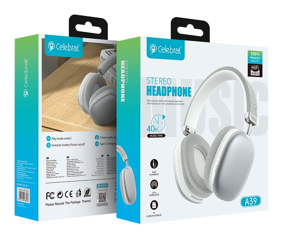 CELEBRAT headphones A39, ασύρματα & ενσύρματα, micro SD, 40mm, 400mAh, ασημί - Image 5