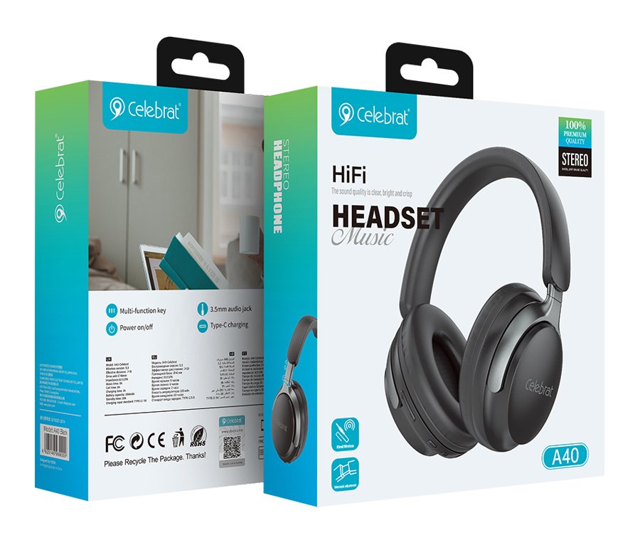 CELEBRAT headphones A40, ασύρματα & ενσύρματα, 40mm, 250mAh, μαύρα - Image 4