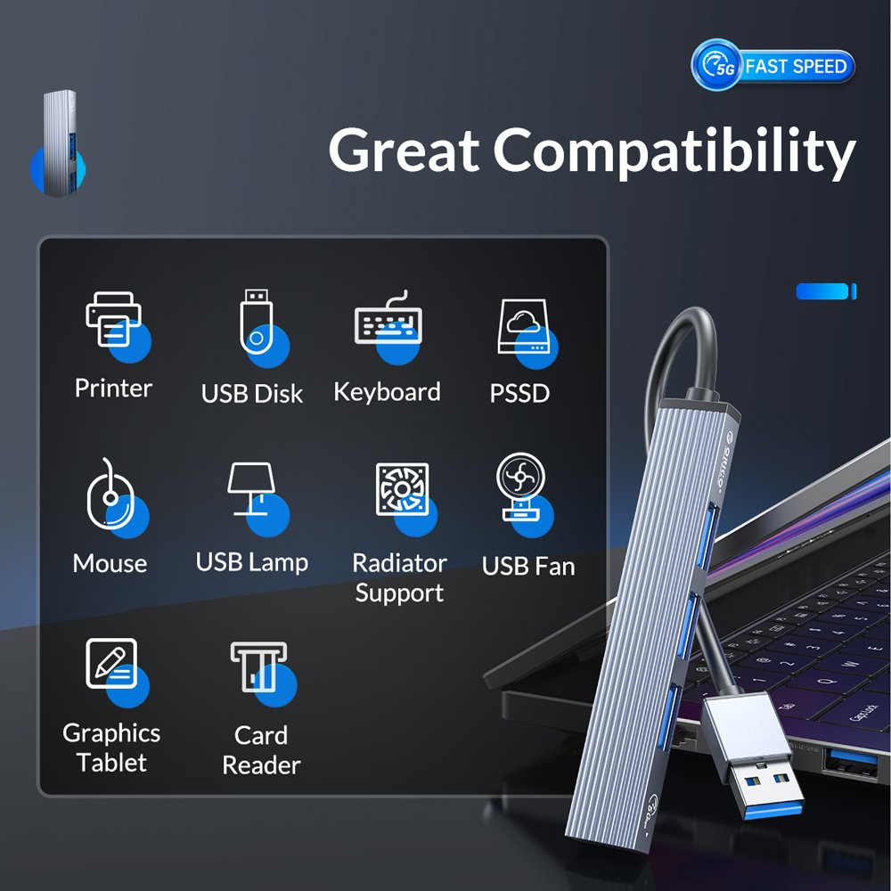 ORICO USB hub AH-A13, 4x θυρών, USB 3.0, 5Gbps, USB σύνδεση, γκρι - Image 3
