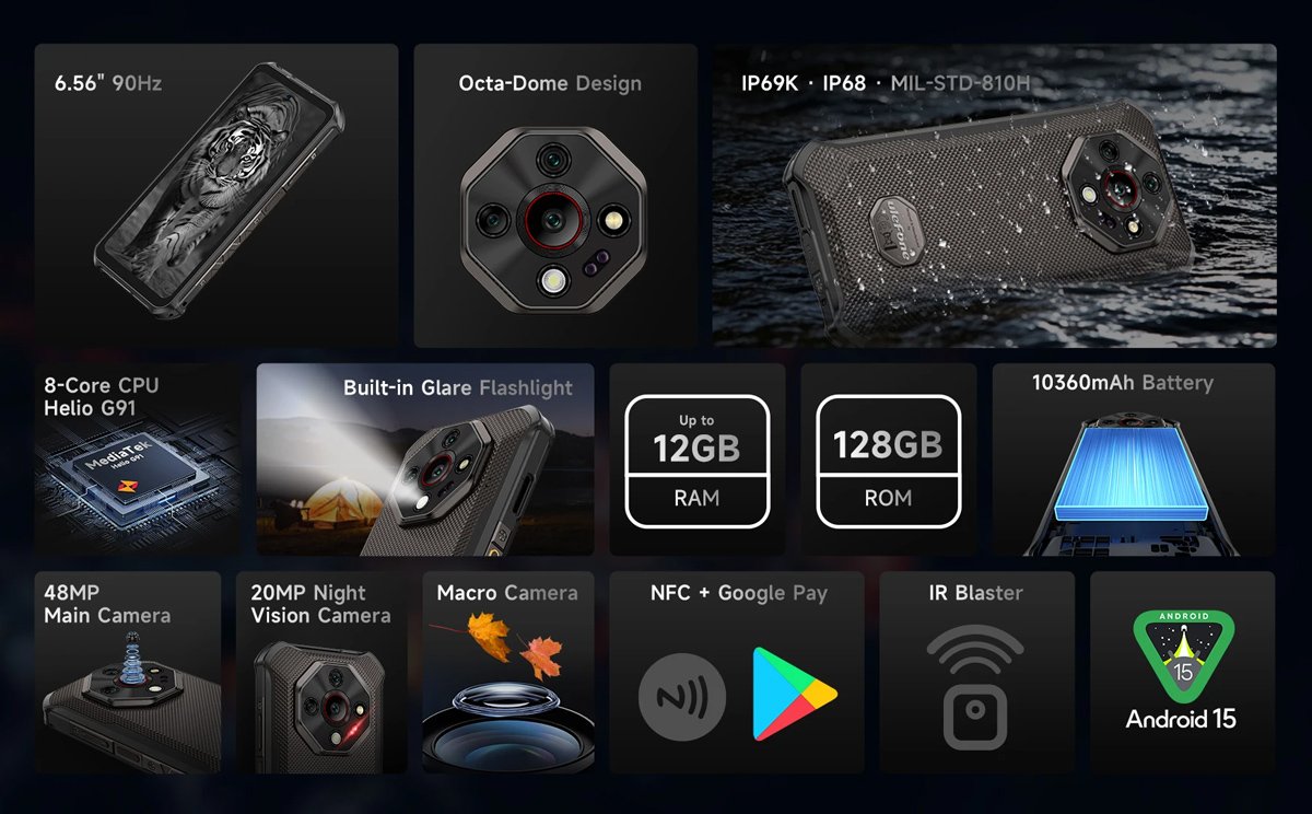 ULEFONE smartphone Armor X16, 6.56", 6/128GB, 10360mAh, IP68/IP69K/MIL-STD-810H, μαύρο - Image 9