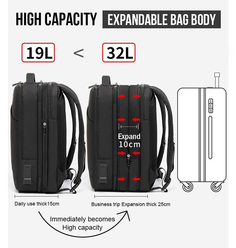 ARCTIC HUNTER τσάντα πλάτης B00345 με θήκη laptop 15.6", USB, 19-32L, μαύρη - Image 2