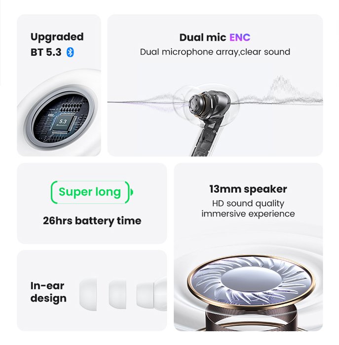 USAMS earphones με θήκη φόρτισης US-XD19, TWS, ENC, Φ13mm, μαύρα - Image 2