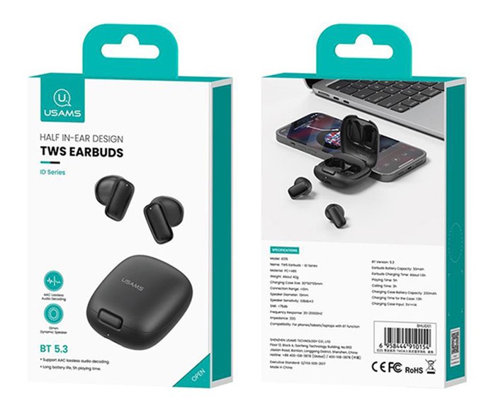 USAMS earphones με θήκη φόρτισης ID25, TWS, Φ13mm, 30/230mAh, μαύρα - Image 5