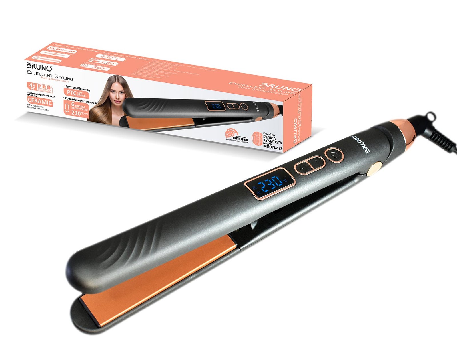 BRUNO ισιωτική πρέσα μαλλιών BRN-0217 με κεραμικές πλάκες, 45W, ψηφιακή ένδειξη, black-copper - Image 7