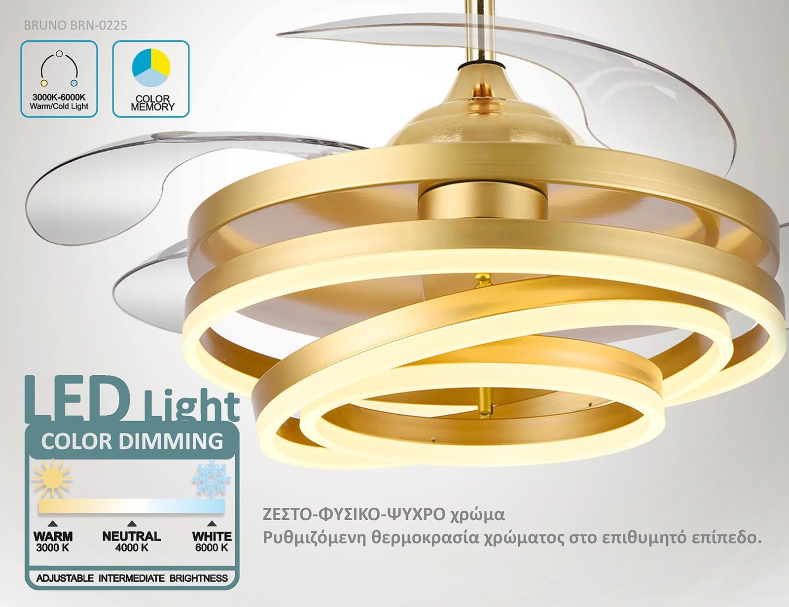 BRUNO ανεμιστήρας οροφής με LED φως BRN-0225, AC 122W, 42", Φ107x47εκ, χρυσός - Image 5