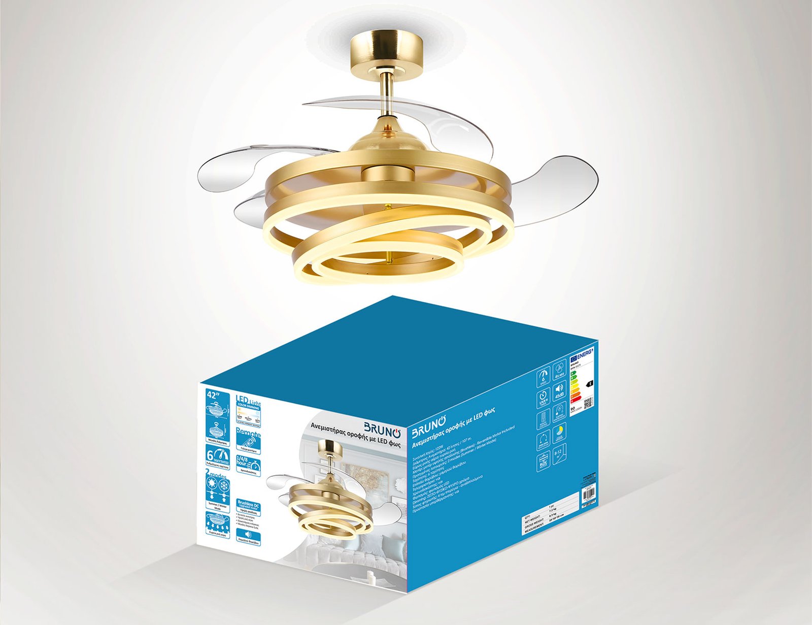 BRUNO ανεμιστήρας οροφής με LED φως BRN-0225, AC 122W, 42", Φ107x47εκ, χρυσός - Image 7