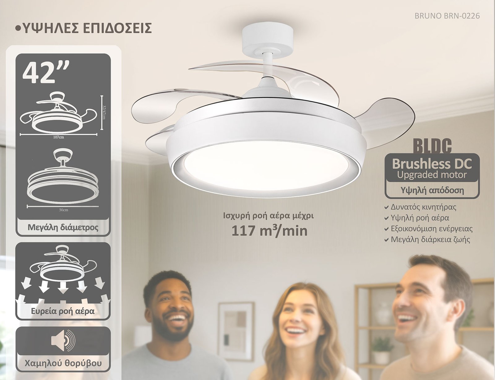 BRUNO ανεμιστήρας οροφής με LED φως BRN-0227, AC 82W, 42", Φ107x47εκ, λευκός - Image 3