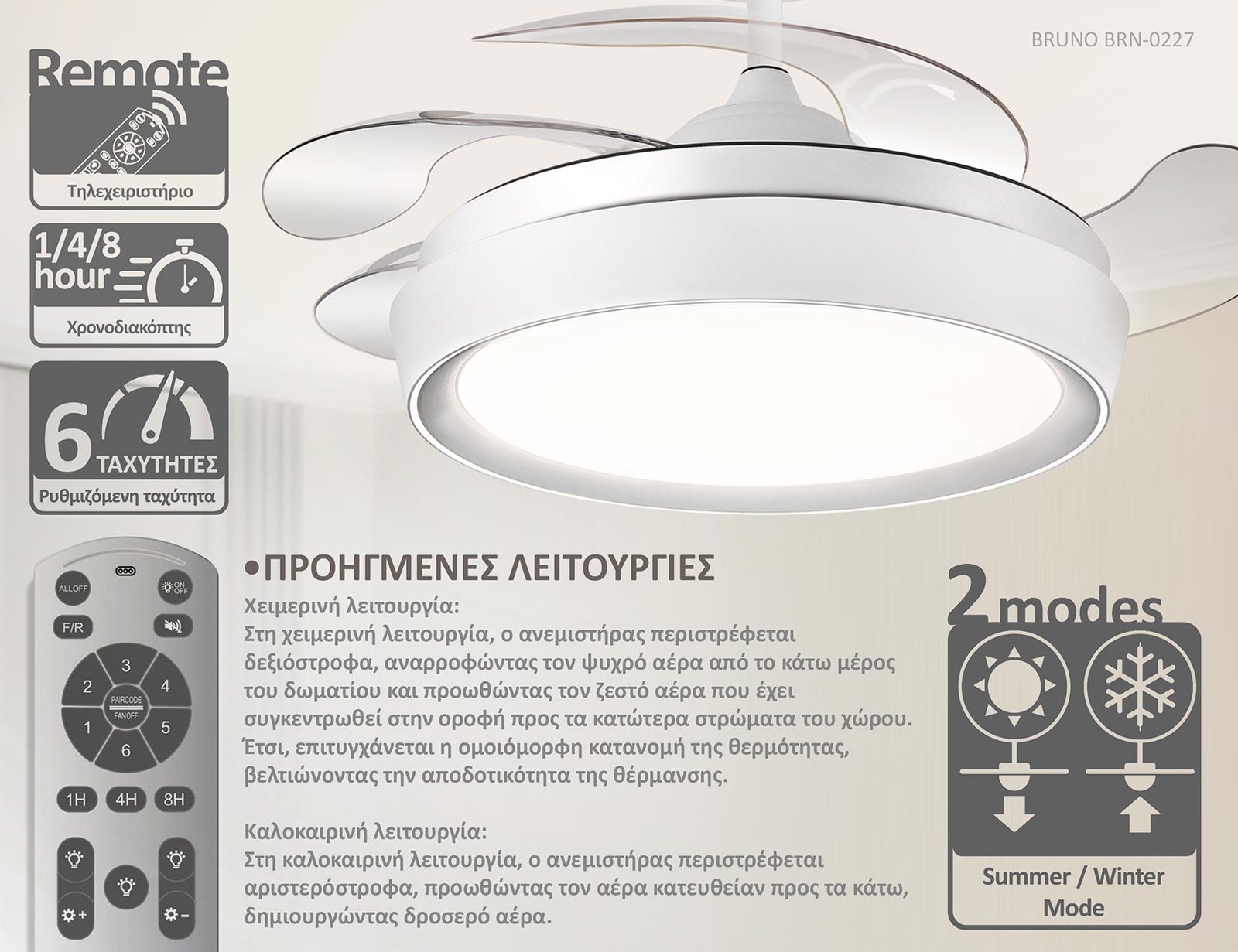 BRUNO ανεμιστήρας οροφής με LED φως BRN-0227, AC 82W, 42", Φ107x47εκ, λευκός - Image 4