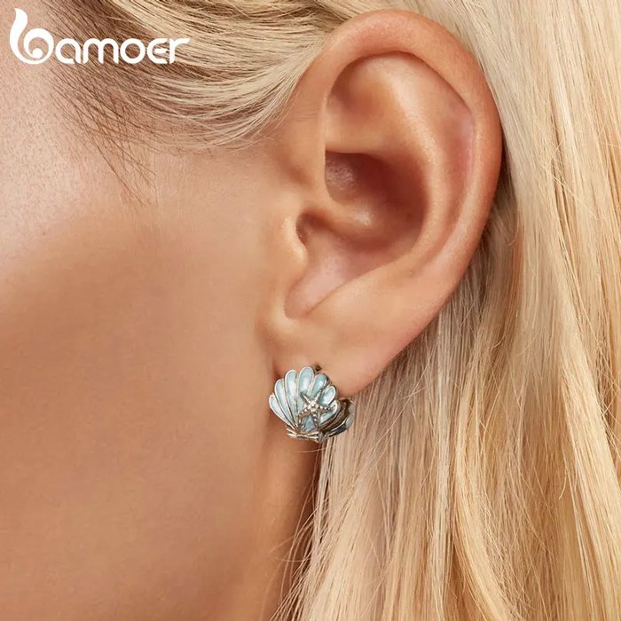 BAMOER σκουλαρίκια κρίκοι BSE1011 σε σχήμα κοχύλι, ασήμι 925, ασημί/μπλε - Image 2