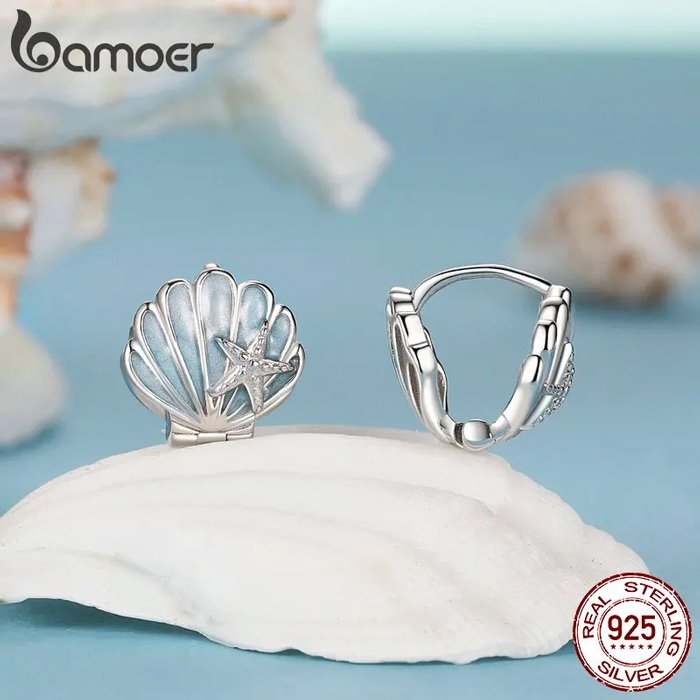 BAMOER σκουλαρίκια κρίκοι BSE1011 σε σχήμα κοχύλι, ασήμι 925, ασημί/μπλε - Image 3