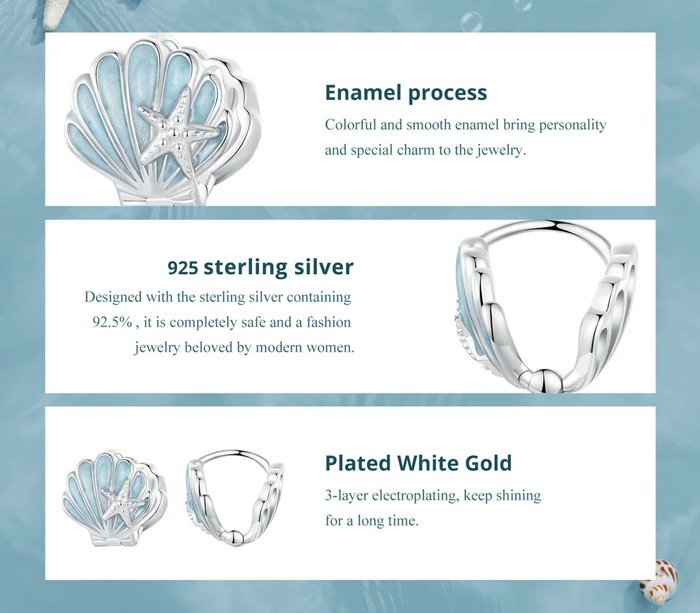 BAMOER σκουλαρίκια κρίκοι BSE1011 σε σχήμα κοχύλι, ασήμι 925, ασημί/μπλε - Image 4