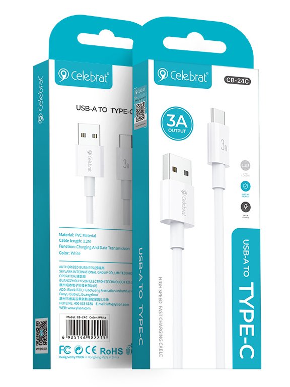 CELEBRAT καλώδιο USB-C σε USB CB-24C, 3A, 1.2m, λευκό - Image 3
