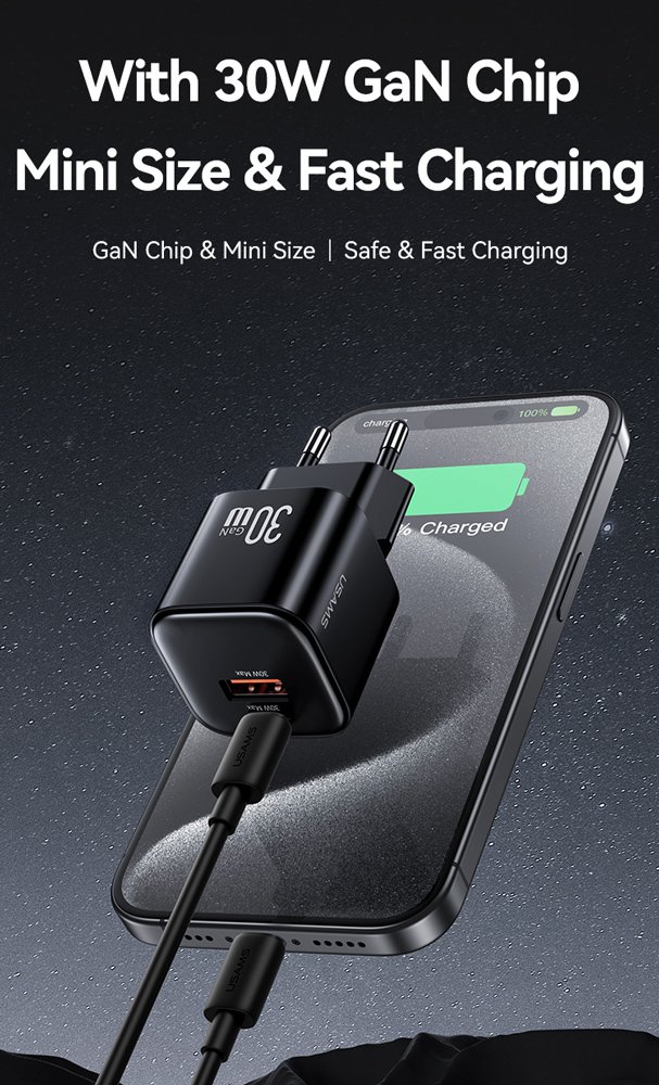 USAMS φορτιστής τοίχου CC263, USB & USB-C, 30W, GaN, μαύρος - Image 2