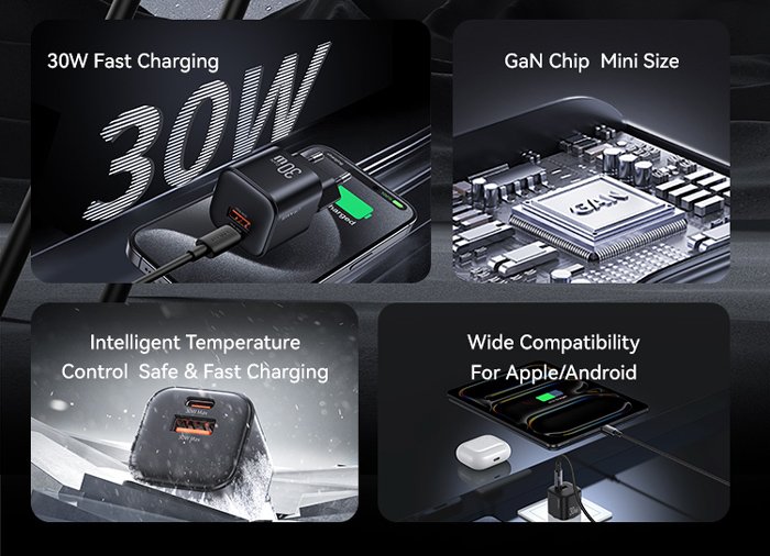 USAMS φορτιστής τοίχου CC263, USB & USB-C, 30W, GaN, μαύρος - Image 3