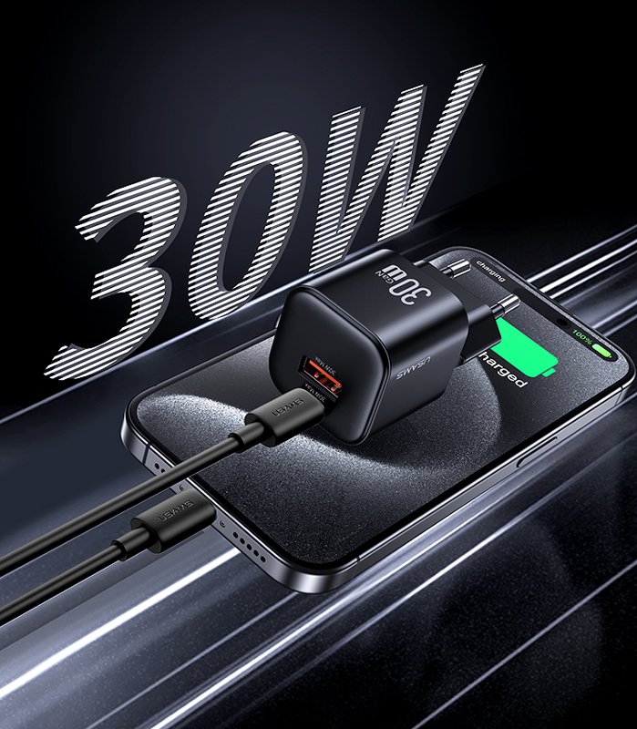 USAMS φορτιστής τοίχου CC263, USB & USB-C, 30W, GaN, μαύρος - Image 4