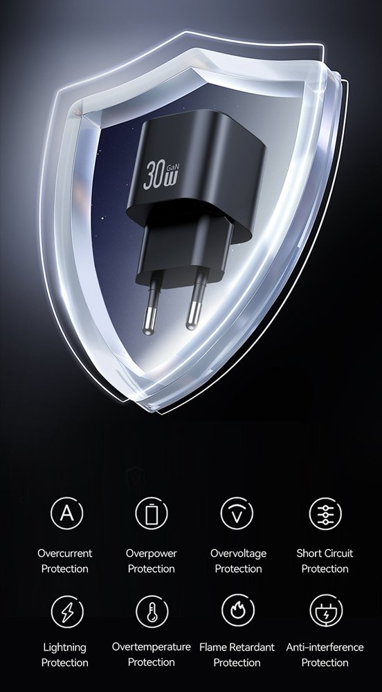 USAMS φορτιστής τοίχου CC263, USB & USB-C, 30W, GaN, μαύρος - Image 7