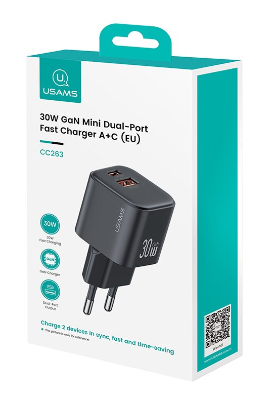USAMS φορτιστής τοίχου CC263, USB & USB-C, 30W, GaN, μαύρος - Image 8