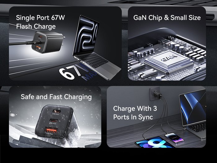 USAMS φορτιστής τοίχου CC265, USB & 2x USB-C, 67W, GaN, λευκός - Image 3