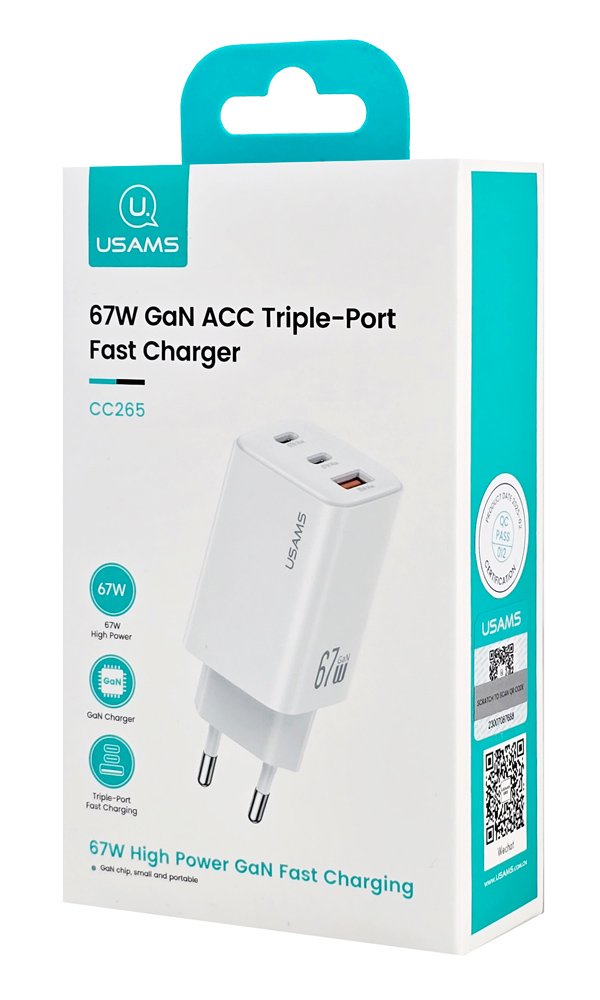 USAMS φορτιστής τοίχου CC265, USB & 2x USB-C, 67W, GaN, λευκός - Image 9