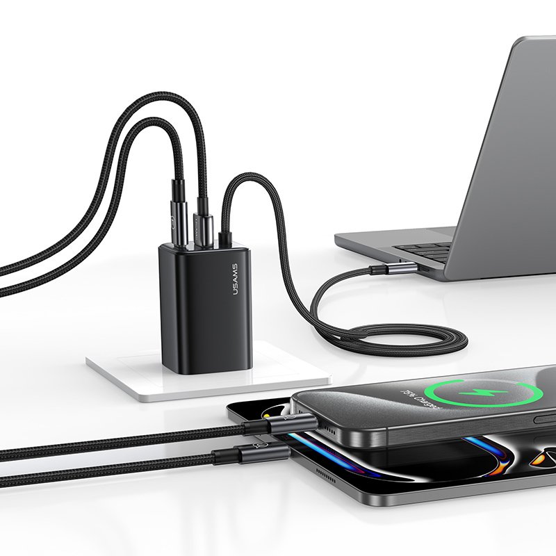 USAMS φορτιστής τοίχου CC266 με καλώδιο, USB & USB-C, 65W, GaN, μαύρος - Image 2
