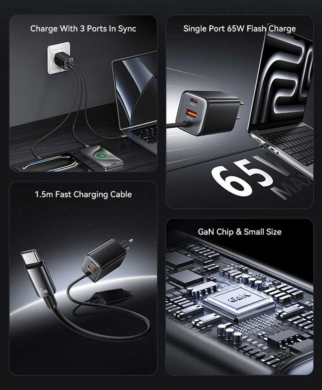 USAMS φορτιστής τοίχου CC266 με καλώδιο, USB & USB-C, 65W, GaN, μαύρος - Image 3