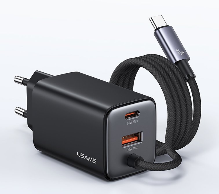 USAMS φορτιστής τοίχου CC266 με καλώδιο, USB & USB-C, 65W, GaN, μαύρος - Image 4