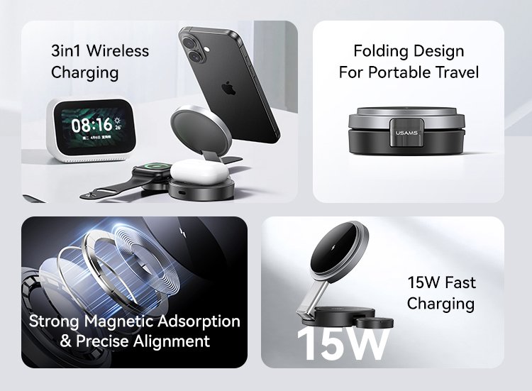 USAMS ασύρματος φορτιστής CD234, 3 σε 1, 15W, μαύρος - Image 3